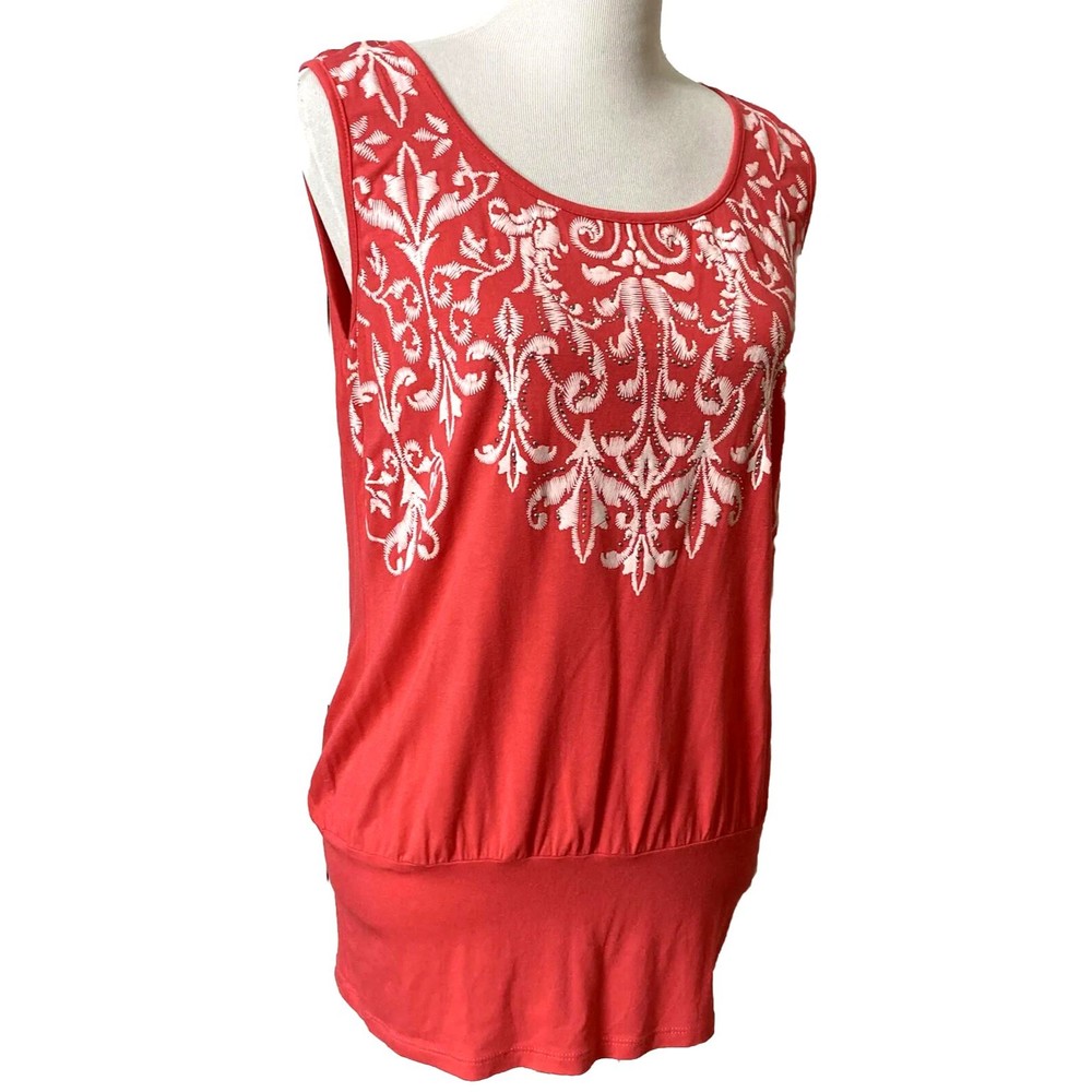 B.L.E.U. Womens Orange Sleeveless Scoop Neck Paisley Studded Tank Top Sz M